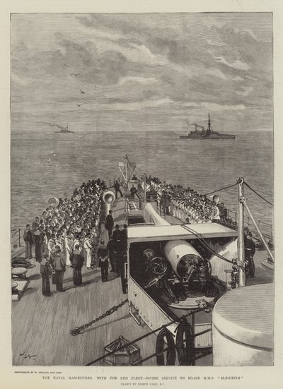 Le manovre navali, con la flotta rossa, servizio divino a bordo della HMS Blenheim da Joseph Nash